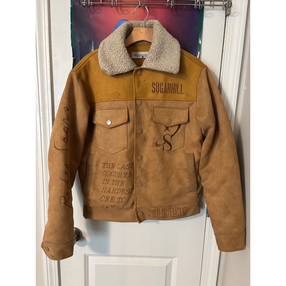 Sugarhill Folk Hero Rodeo Scars Tan Faux Suede Sherpa Collar Western Jacket Mens